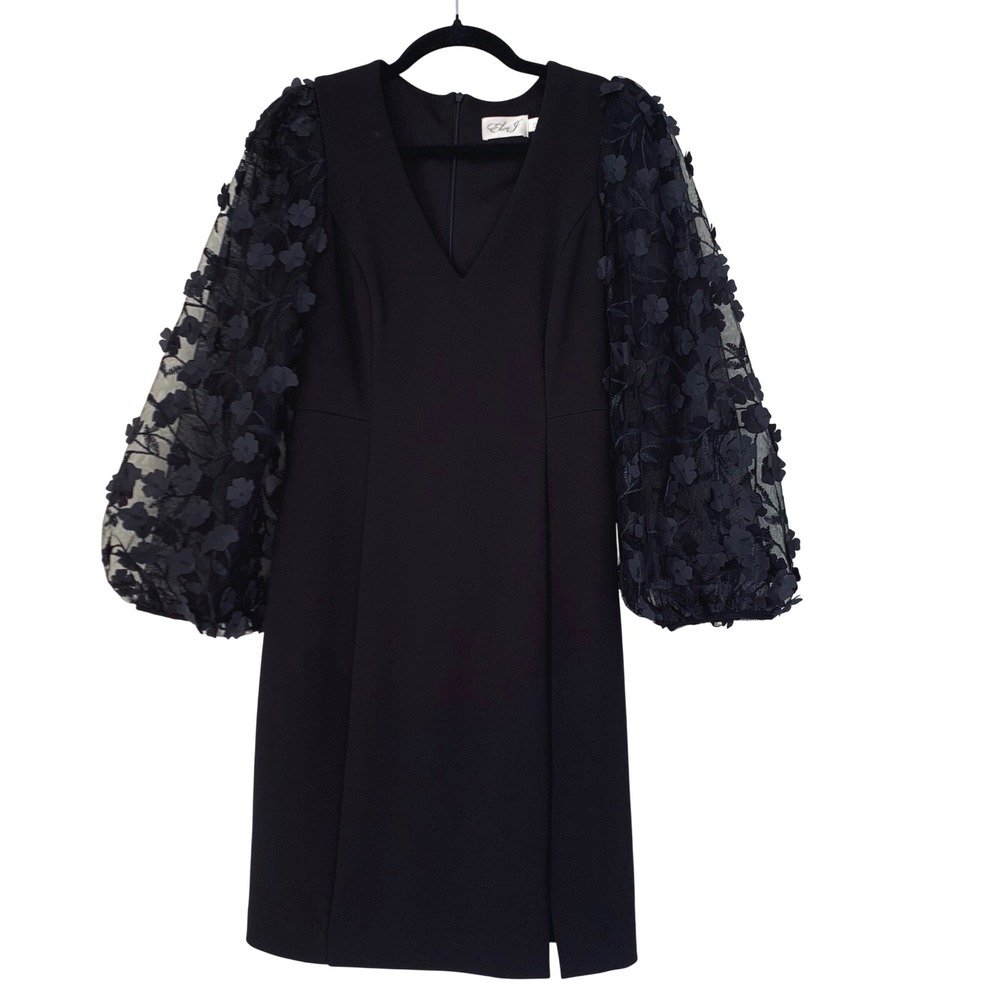 Eliza J Dress Women 6 Black Sheer Balloon Sleeve Floral Cocktail Wedding Guest